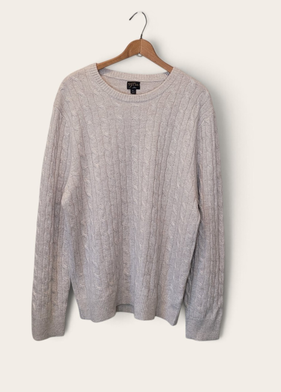 J Crew Mens Cashmere Cable Knit Beige Cream Long Sleeve Sweater XL Quiet Luxury